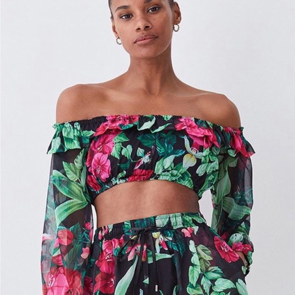 Karen Millen Tropical Off Shoulder Beach Coverup Crop Top & Pants Set - Sz 4 NWT - Picture 1 of 8